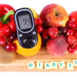 Glucose meter with fruits and vegetables, healthy nutrition, diabetes