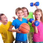 Group Of Sporty Children Friends With Dumbbells And Ball