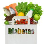 Paper bag with the word diabetes filled with healthy foods
