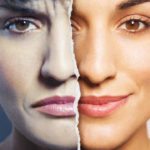 Double portrait of woman, happy and sad