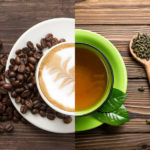 Coffee cup and coffee beans on wooden background. Top view