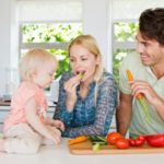 Parents with daughter (12-23 months) in kitchen