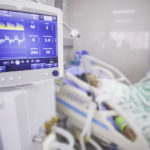 Ventilator monitor ,given oxygen by intubation tube to patient, setting in ICU/Emergency room