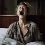 woman-yawning-bed-with-book-shelf-her