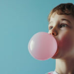 Young boy blowing a large pink bubblegum bubble.